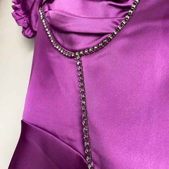 Hello Molly Midi Purple Rhinestone Silky Formal Prom Wedding Dress Puff Sleeve 4 - Picture 8 of 12